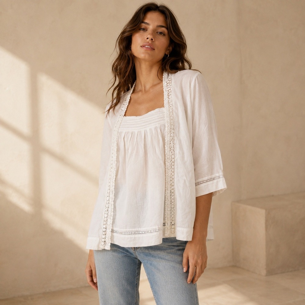 Peasant Tunic Top Women M White Crochet Lace Cotton Boho Cottagecore Coastal